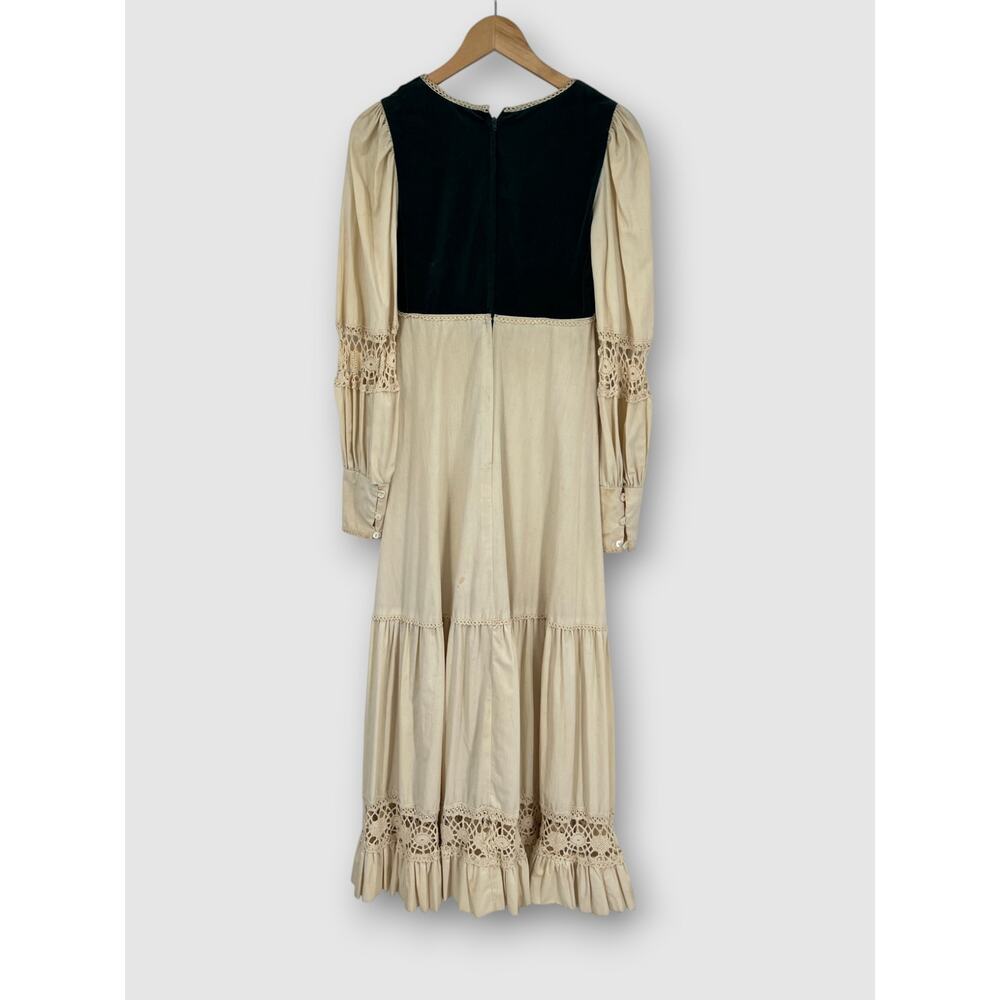 70s Vintage Gunne Sax Prairie Maxi Dress Forest Green Velvet Bodice Cream Cotton - Picture 3 of 7